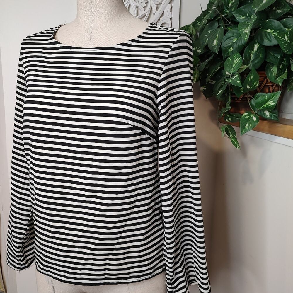 Calvin Klein Black & White Striped Pullover Roll Tab Sleeve Blouse Size XS